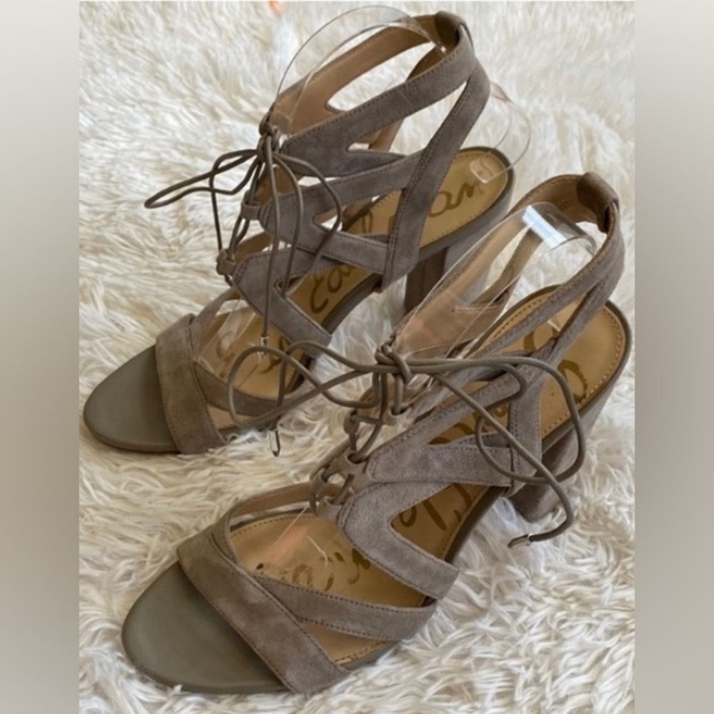 Sam Edelman  brown suede Straps lace up chunk high heels sandals